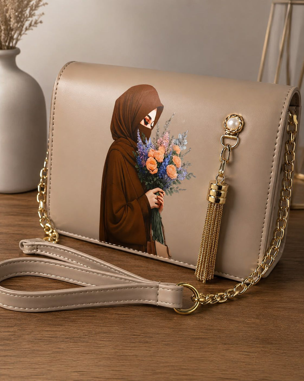 Elegant Hijabi Art Crossbody Bag with Pearl & Gold Tassel Charm