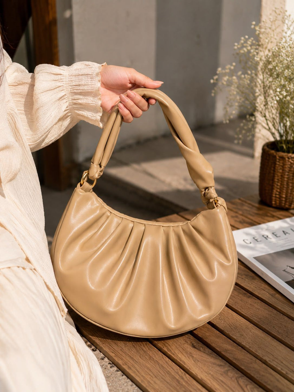 Velvet Touch Ruched Crescent Bag