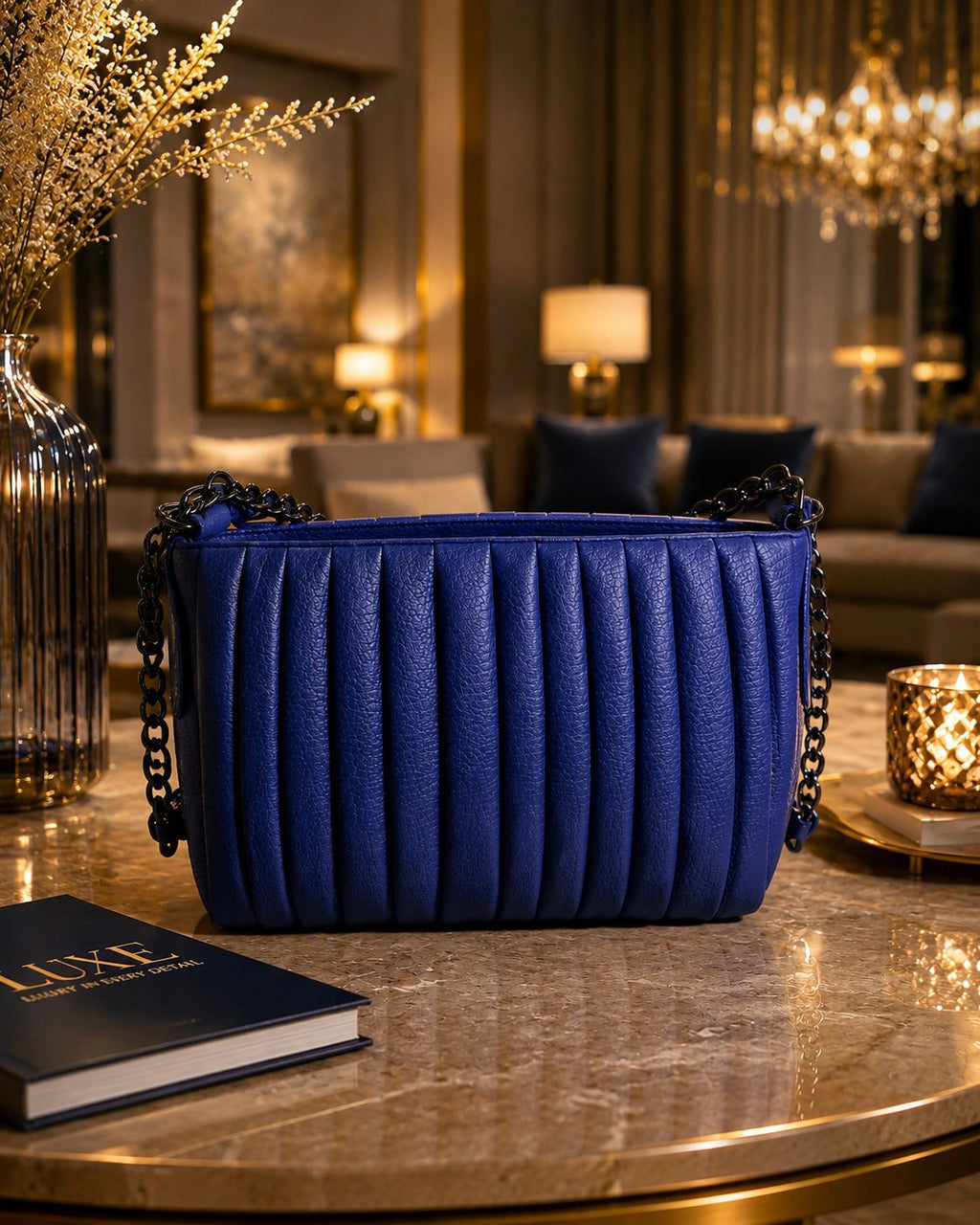 Royal Blue Pleated Luxury Shoulder Bag with Chain Strap