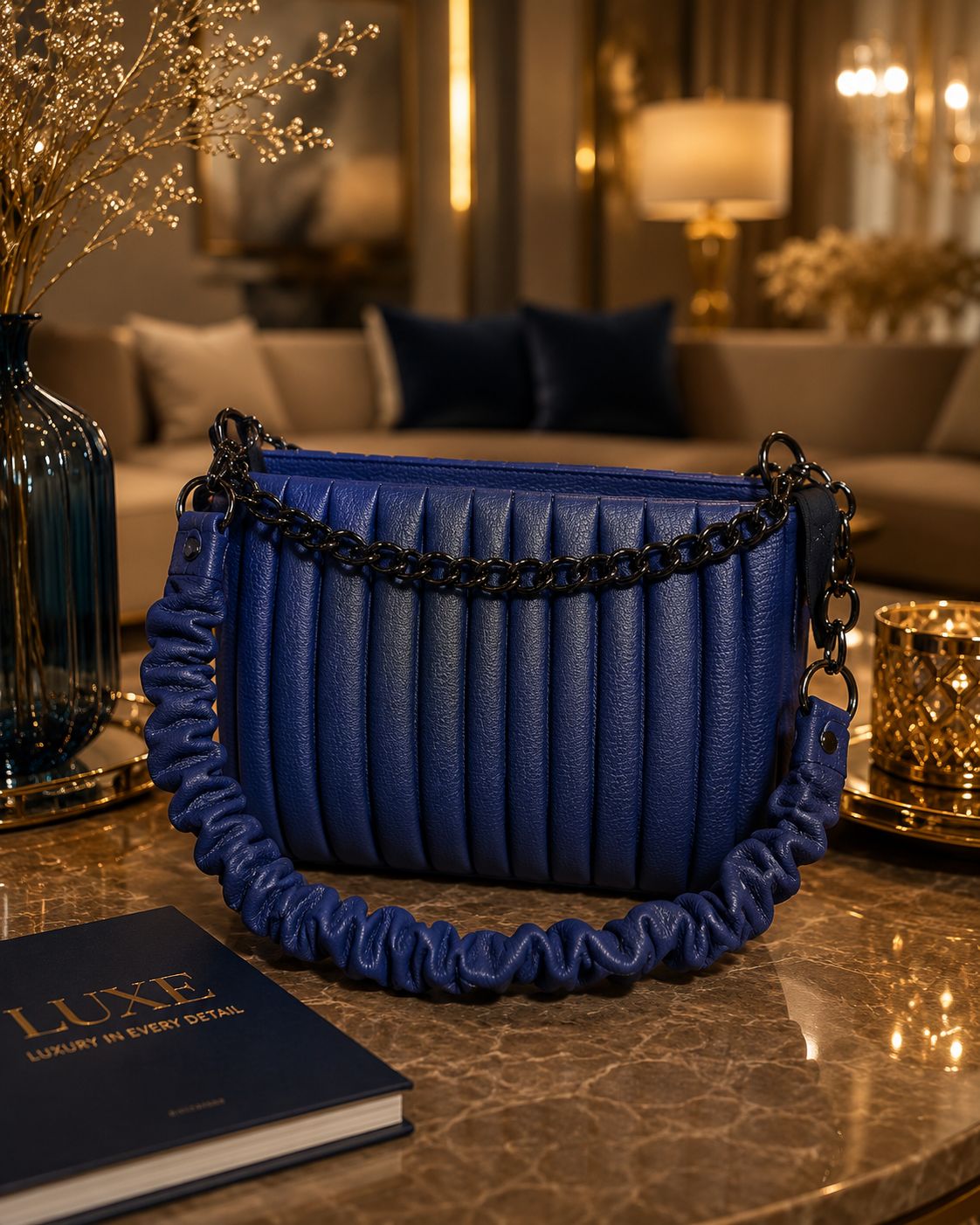 Royal Blue Pleated Luxury Shoulder Bag with Chain Strap