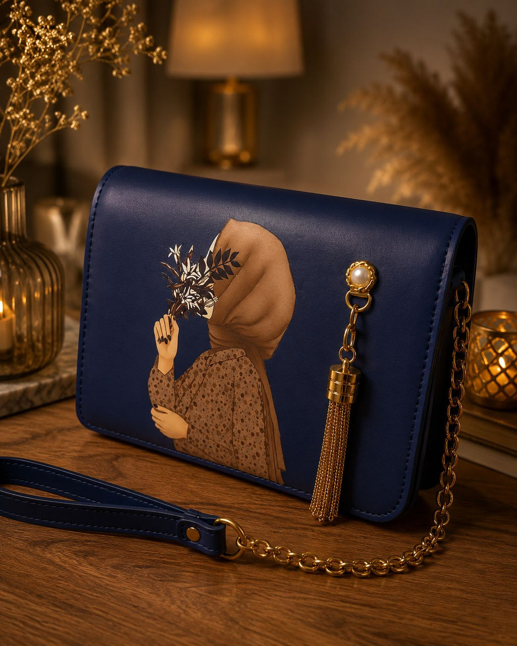 Elegant Hijabi Art Crossbody Bag with Pearl & Gold Tassel Charm