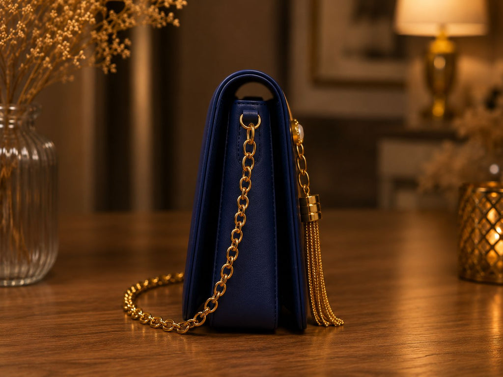 Elegant Hijabi Art Crossbody Bag with Pearl & Gold Tassel Charm